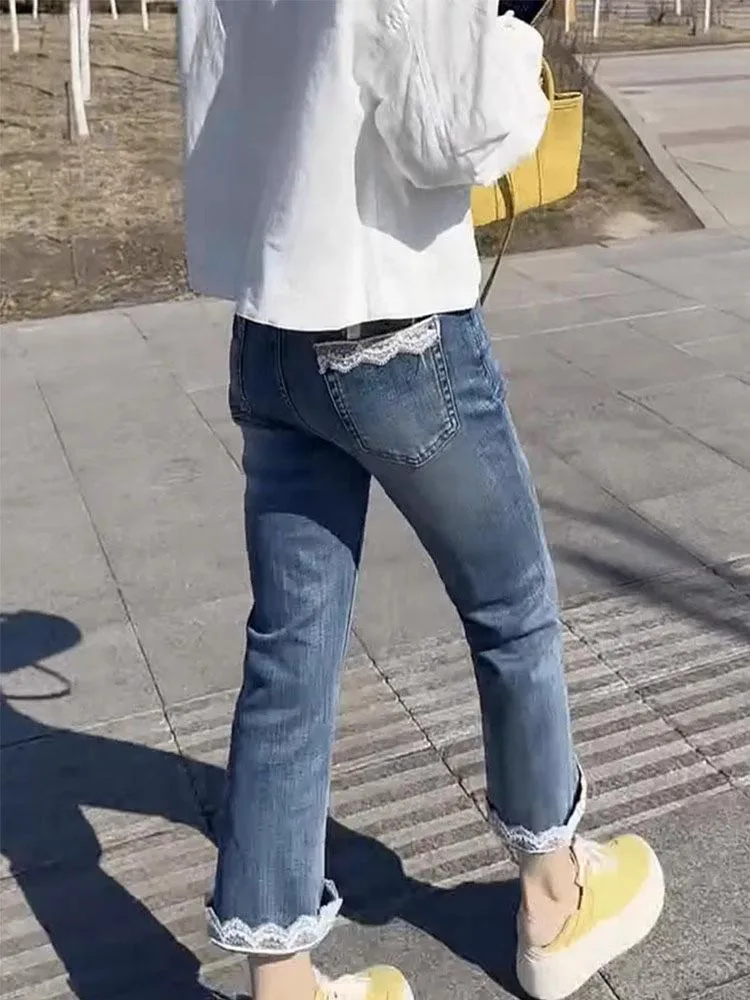 Damskie wyszczuplające dżinsy z wysokim stanem, elastyczne, szerokie nogawki, cienkie dżinsy jesienne, spodnie rozszerzane, luźny krój, proste nogawki typu tuba, kucyk