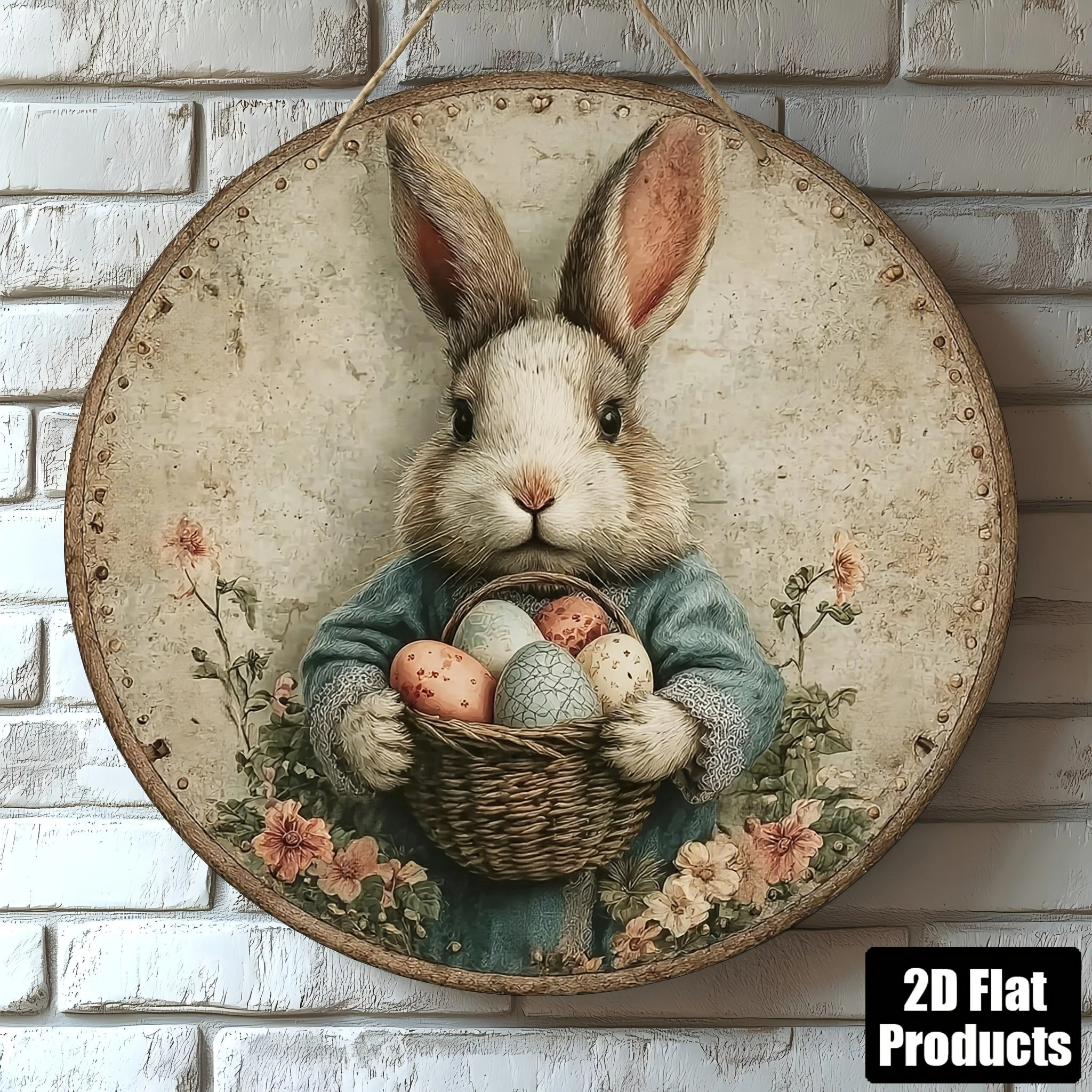 20cm 1PCS 2D Retro Rural Natural Easter Rabbit Bonus Content Wooden Round Plate Furniture Hanging Wall Decoration Gift Part