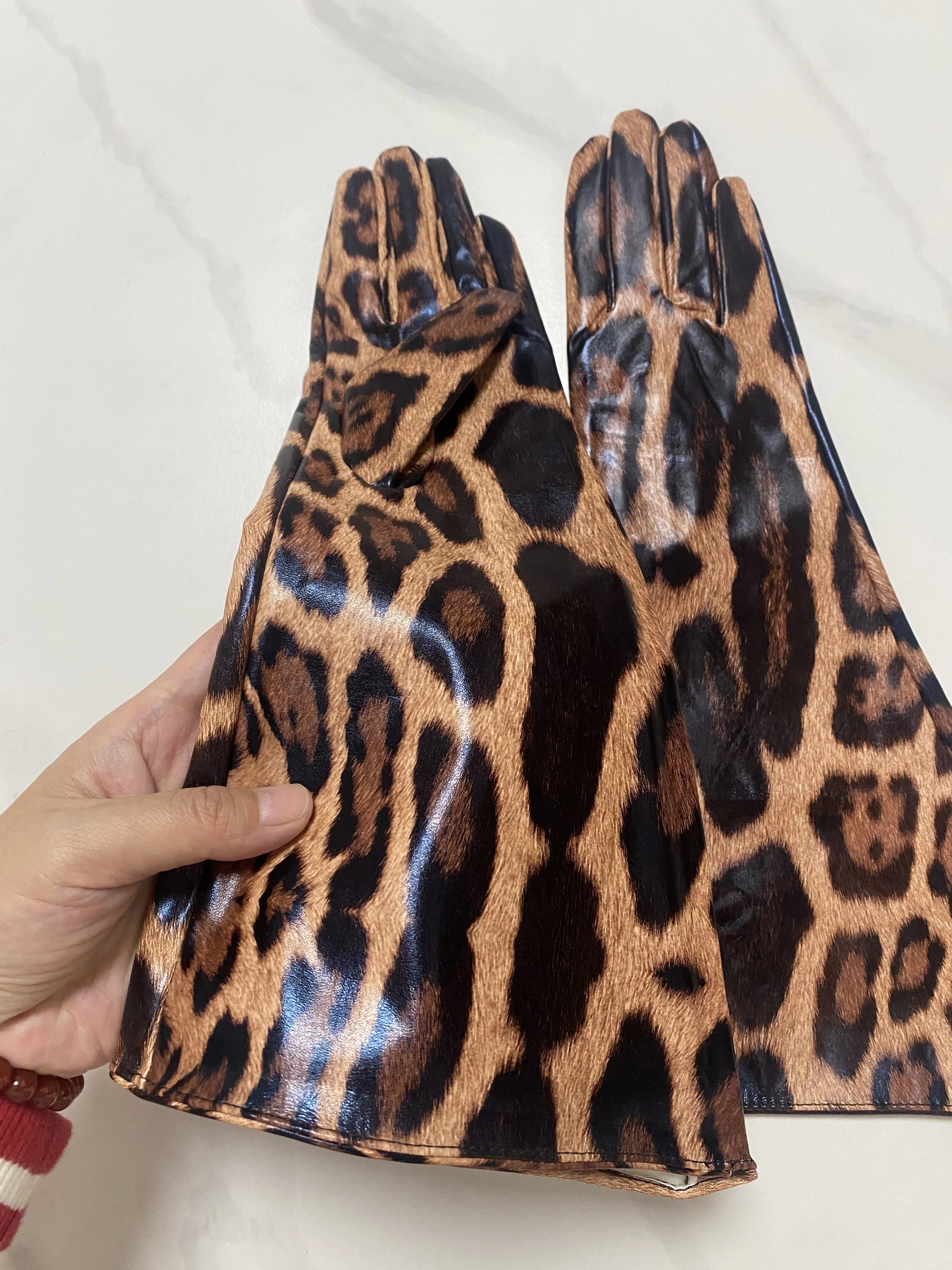 Women\'s Fashion PU Leather Wide Sleeve Long Leopard Glove Lady\'s Club Performance Formal Party Dancing Glove 38cm R1340