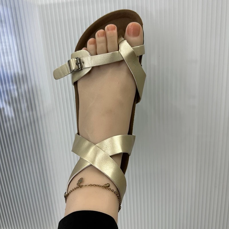 Women Sandals Cork Slippers Roman Buckle Flats Gladiator Sandals Summer Lovers Flip Flops Outside Beach Slides Black Brown Beige