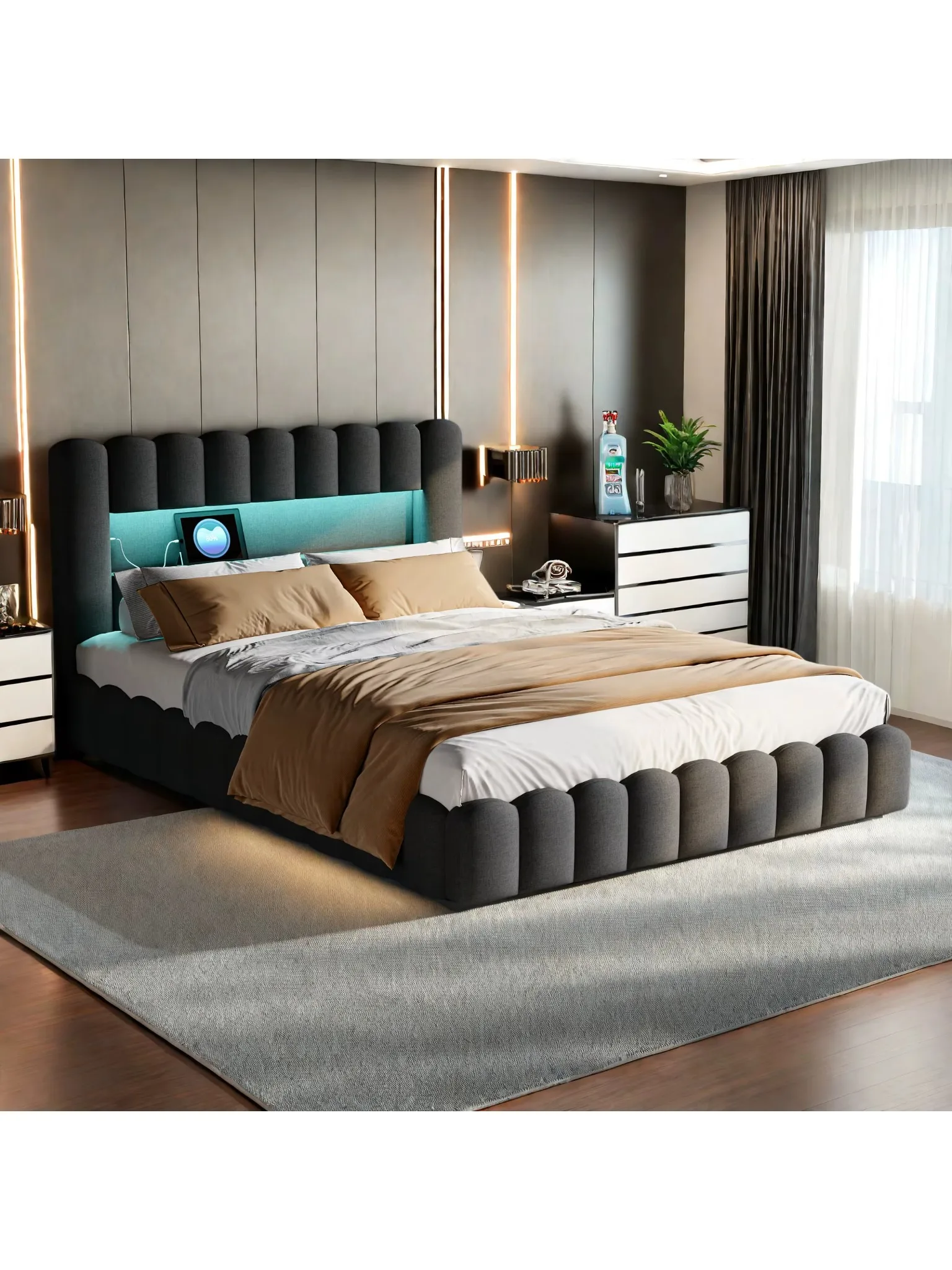 Rosahqnda gestoffeerd tweepersoonsbed, hydraulisch bed met bedbox en lattenbodem, met LED, opbergbed, functioneel bed gemaakt - afbeelding 2