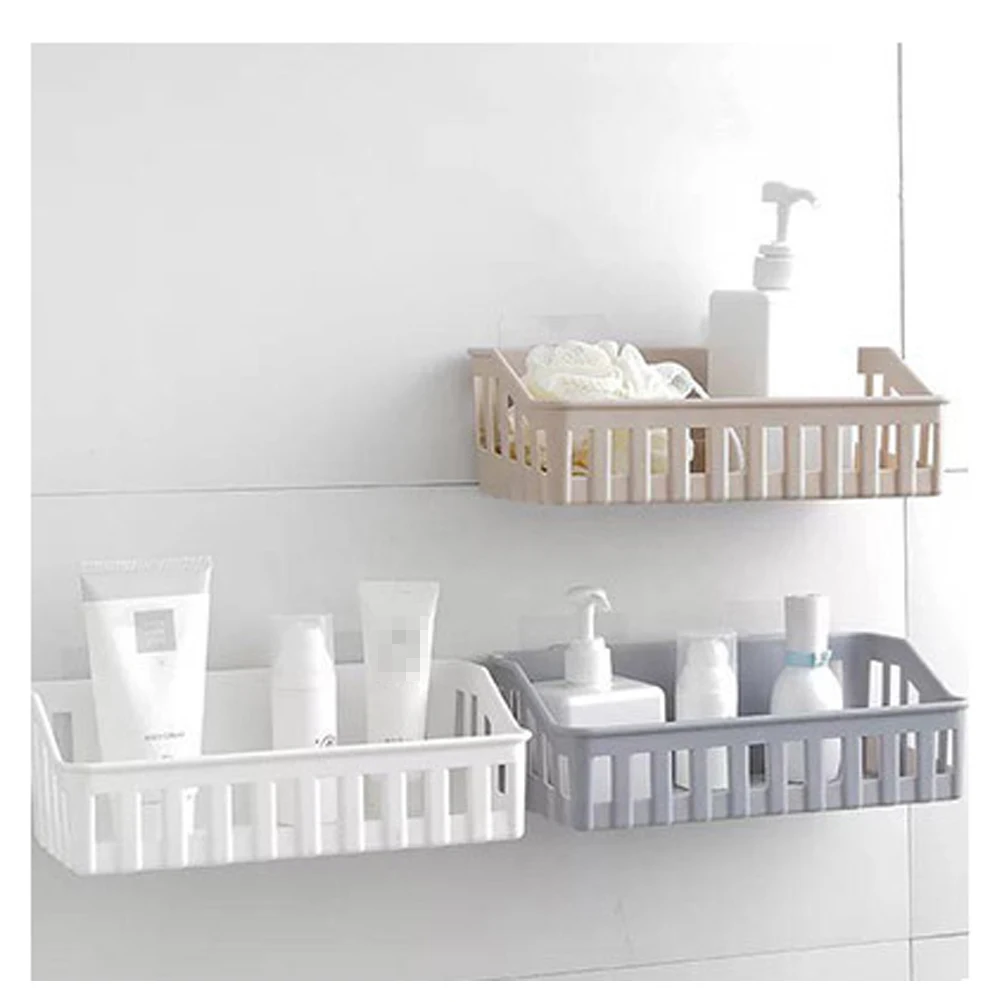 

Punch Free Wall Mounted Basket Rack for Kitchen Bathroom Organizer Shower Holder Storage Shelf Home Storage Solution
