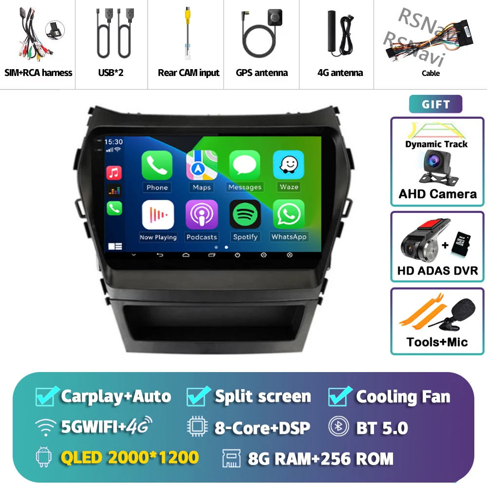 Android 15 Carplay Auto 2K Scherm Autoradio Multimedia Speler voor Hyundai Santa Fe 3 2013 - 2016 Autoradio GPS Stereo Head Unit