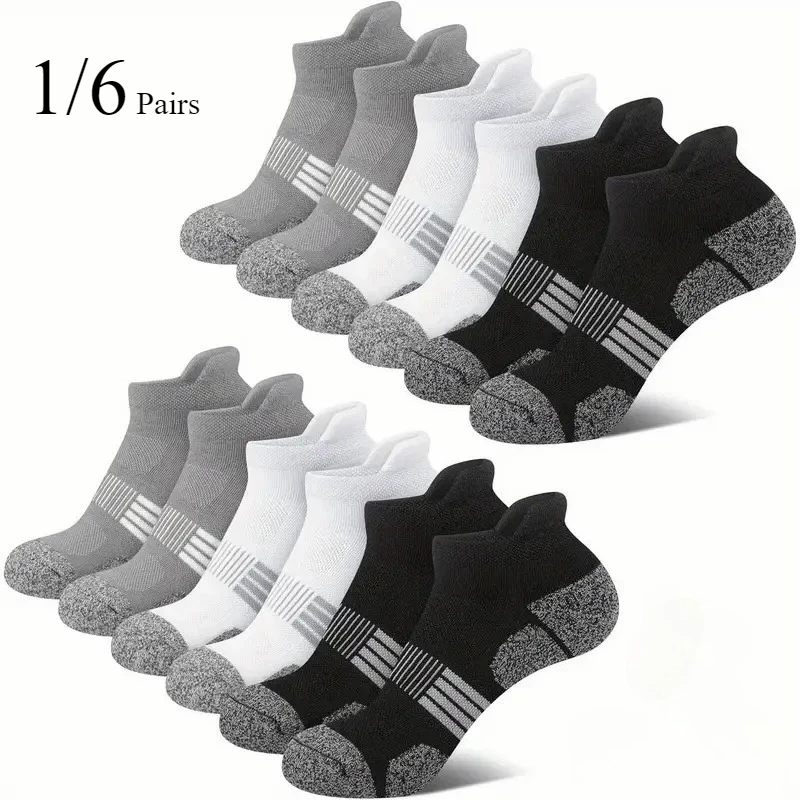 1-6 Pairs Unisex Thick Padded Low Cut Running Socks Summer Breathable Sweat Absorbing male Striped Design Casual Socks