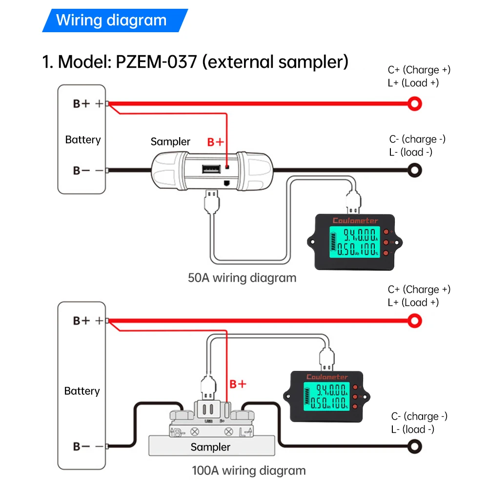 PZEM-037 Voltage Current Meter Battery Level Detector DC 8-120V 10A/50A/100A Universal Battery Level Indicator Coulomb Meter