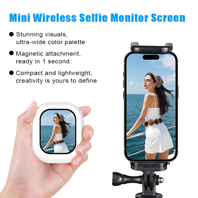 ミニワイヤレス自撮りモニター画面-2インチipsスクリーン-マグネット式マウント-vlog-ライブストリーム-スマホ背面カメラ-iphone-android対応