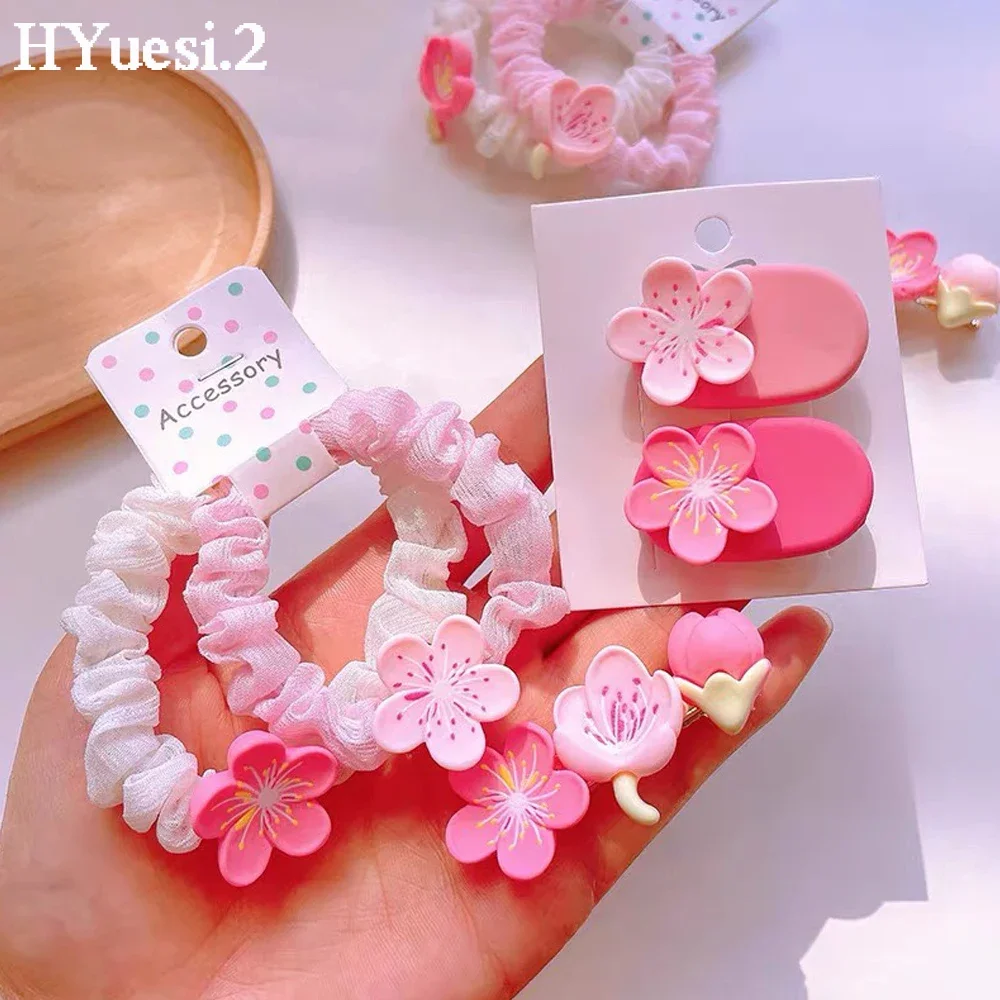 Sweet Pink Cherry Blossom Hair Clip Elastic Flower Charms Hair Ties Summer BB Duckbill Hairpins For Kids Girls Headwear