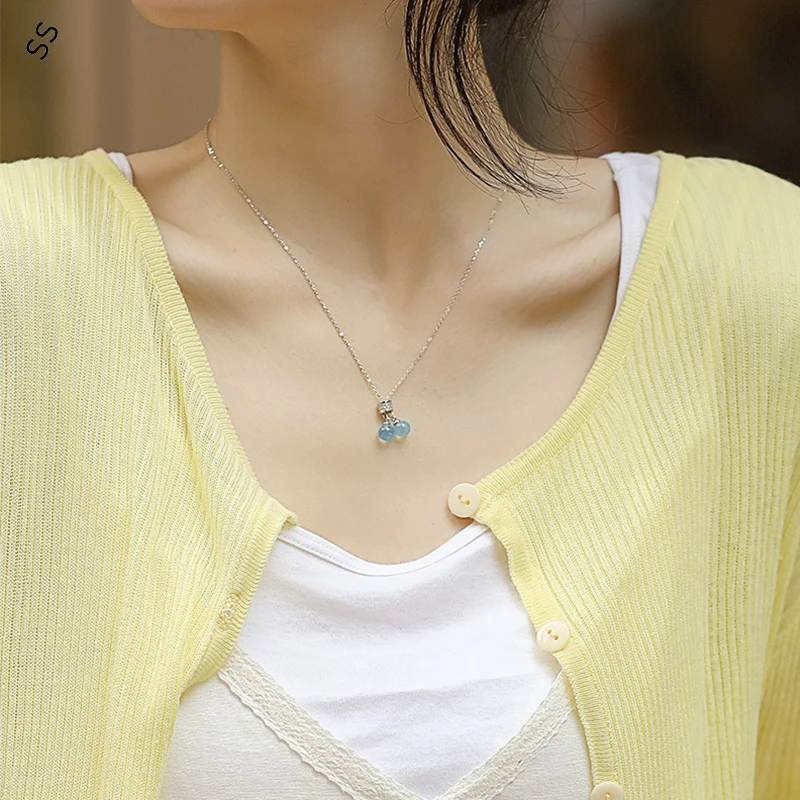 

Autumn/Winter Sweater Chain S925 Sterling Silver Accessories Fastness Natural Aquamarine Strawberry Crystal Pendant Necklce Fine