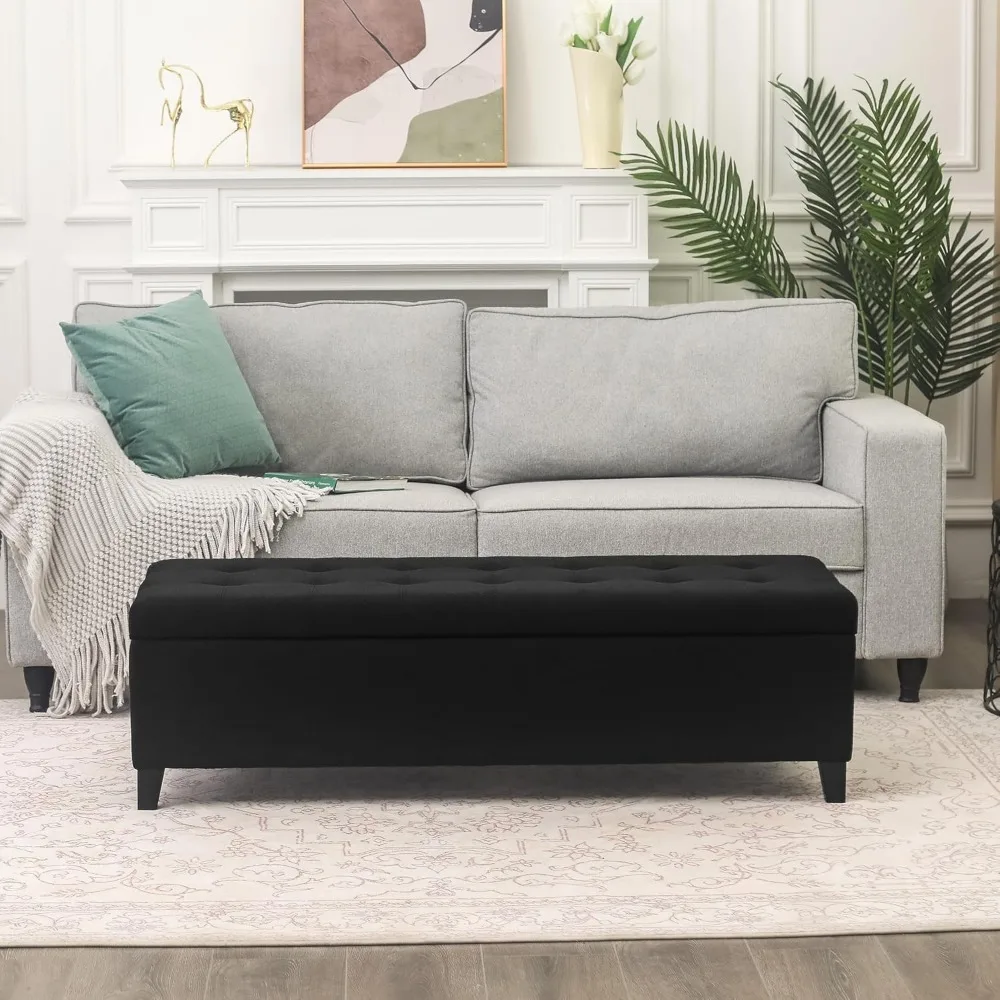 مقعد عثماني للتخزين مستطيلًا بطول 51، غرفة معيشة لمدخل غرفة النوم، منجد من الكتان الأسود، أثاث سرير #6