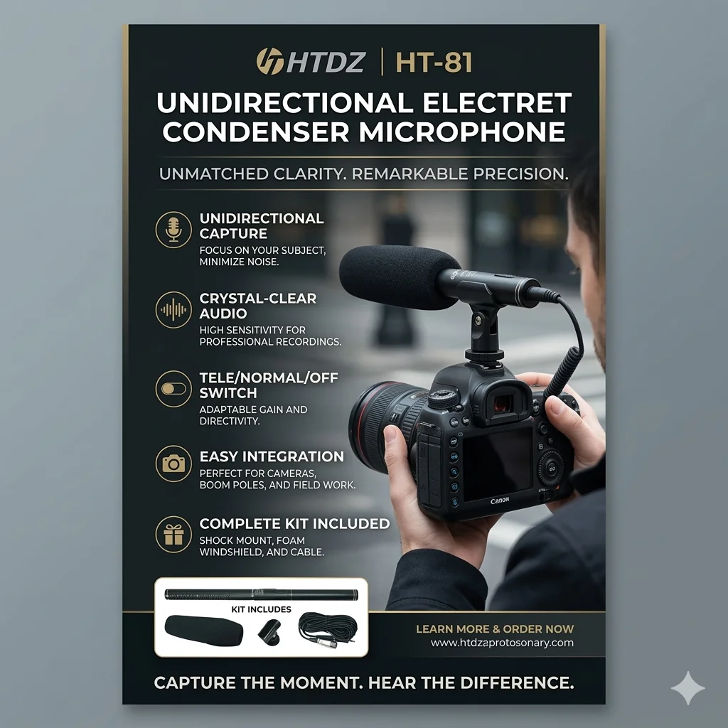 

Направленный интервью-микрофон HTDZ HT-81 с режимами Tele/Normal для видеозаписи, новостных репортажей, выступлений на сцене и в студии