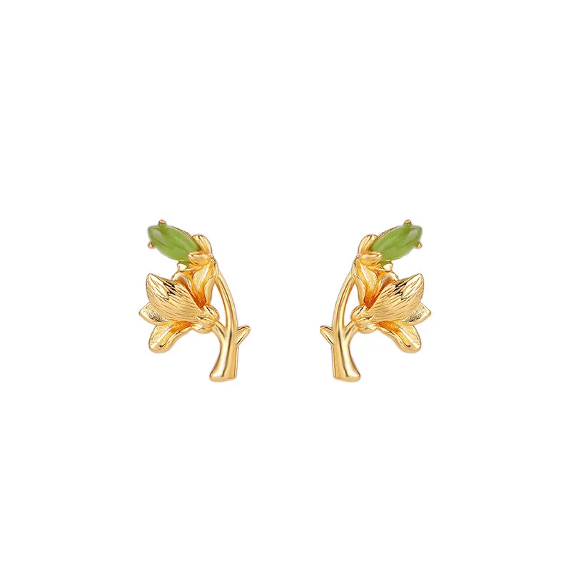 S925 Sterling Silver Gold-Plated Hetian Green Jade Elegant And Floral Stud , Versatile Earrings