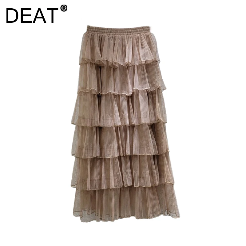 DEAT Women's Skirt Solid Color A-line High Waist Splicing Multi-layer Gauze Cake Long Skirts Spring 2025 New Fashion 29L9466