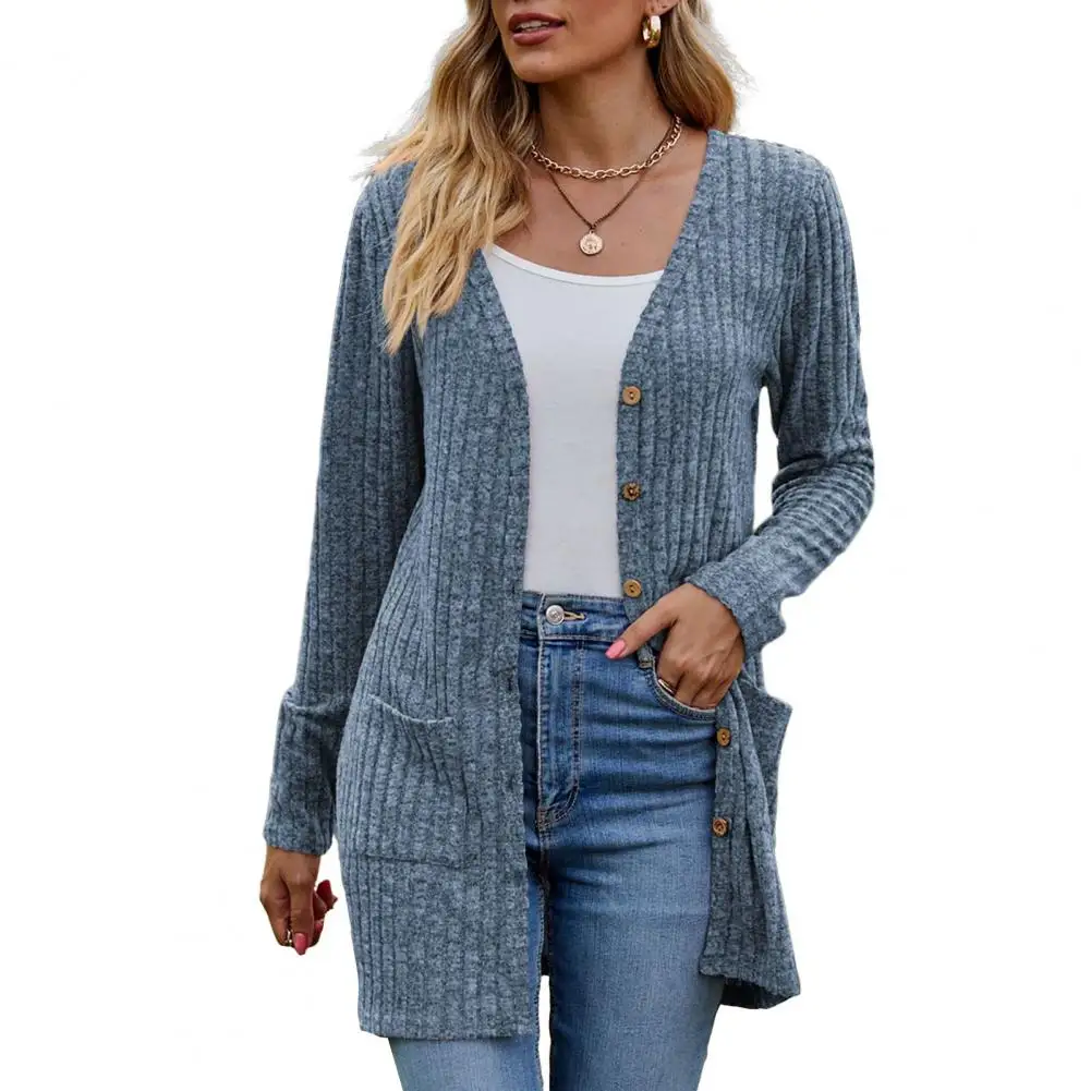 Winter Herbst Frauen Strickjacke Mantel gestrickt Einreiher Pullover elastische Taschen warme mittellange Dame Jacke Strickjacke