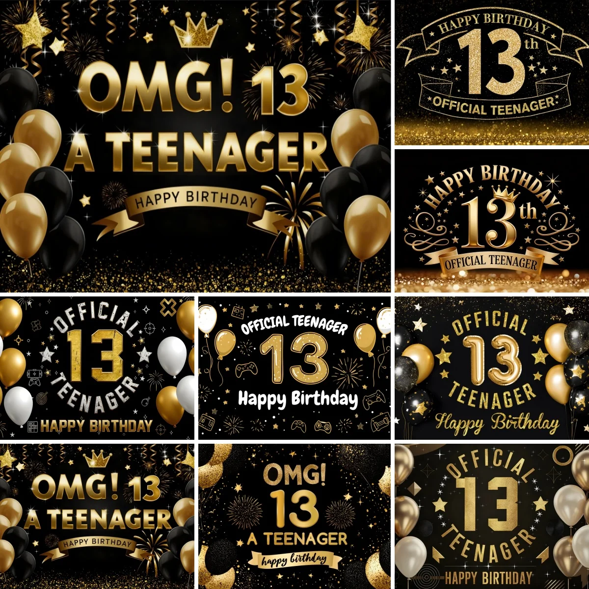 13th Birthday Backdrop for Boys Girls 13 Years Old Official Teenager Party Decor Black Gold Balloons Photography Background