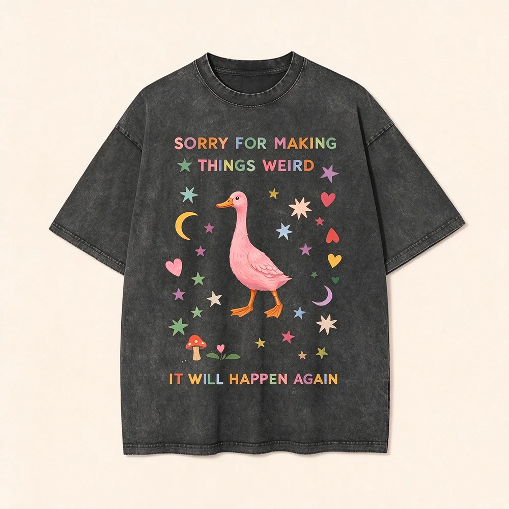 Oversized Vintage Washed Tee Funny Pink Duck Sorry For Making Things Weird Letter Print Retro Star Mushroom Women Casual T Shirt