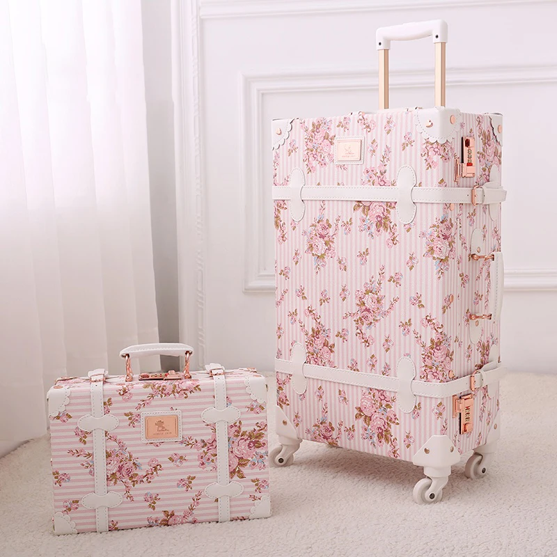 Retro Luggage Cute Cherry Blossom Pink Trolley Case Silent Spinner Wheel 20 inch Travel Cabin Suitcase 22/24/26/28 inch Set