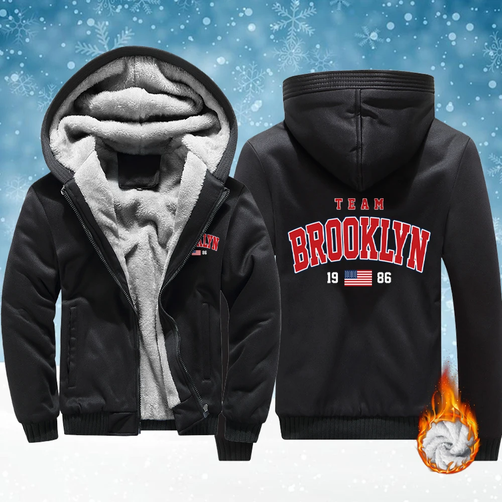 

Brooklyn Team Letter Jersey Print Mens Fleece Pocket Jackets Thicken Comfy Outwear Zip-Up Winter Hoodie Warm Basics Veste