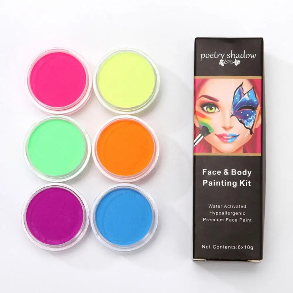 Good Paint Set Glow Dark Face Body Paint Set 6 Fluorescent Colors for Kids Adults Halloween Makeup Kit with Blacklight Palette