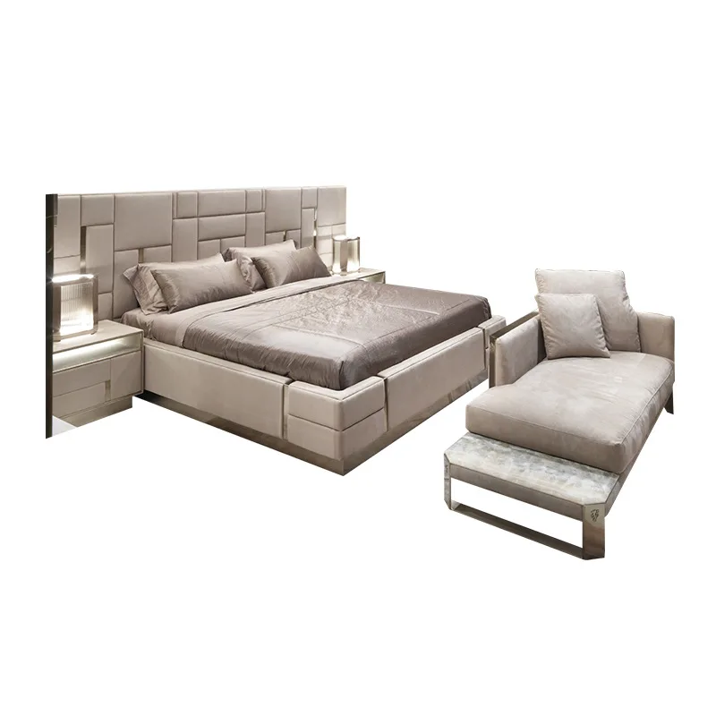 Light luxury leather double bed, luxury modern Italian master bedroom wedding bed villa high luxury furniture