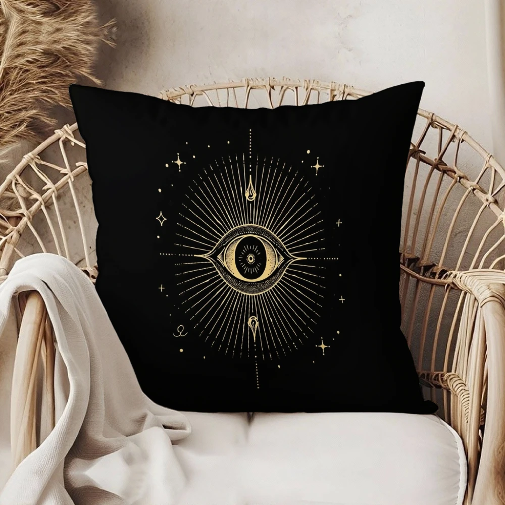 Square Throw Pillow Case Black Gold Mystic Eye Starburst Print For Living Room Sofa Bedroom Home Decor