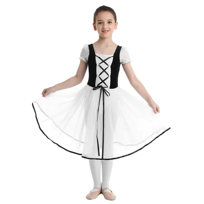 Bambini ragazze romantico Tutu Giselle danza classica costumi maniche corte a bolle velluto maglia pizzo Ballerina ginnastica body Dress