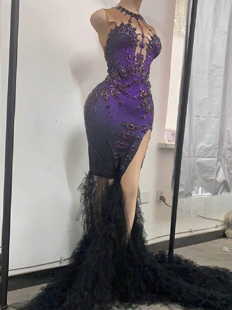 Sexy Purple Black Gradient High Neck Mermaid Fabric Dress with Long Slit Drag Queen Gogo Dance Singer Formal Dress Costumes