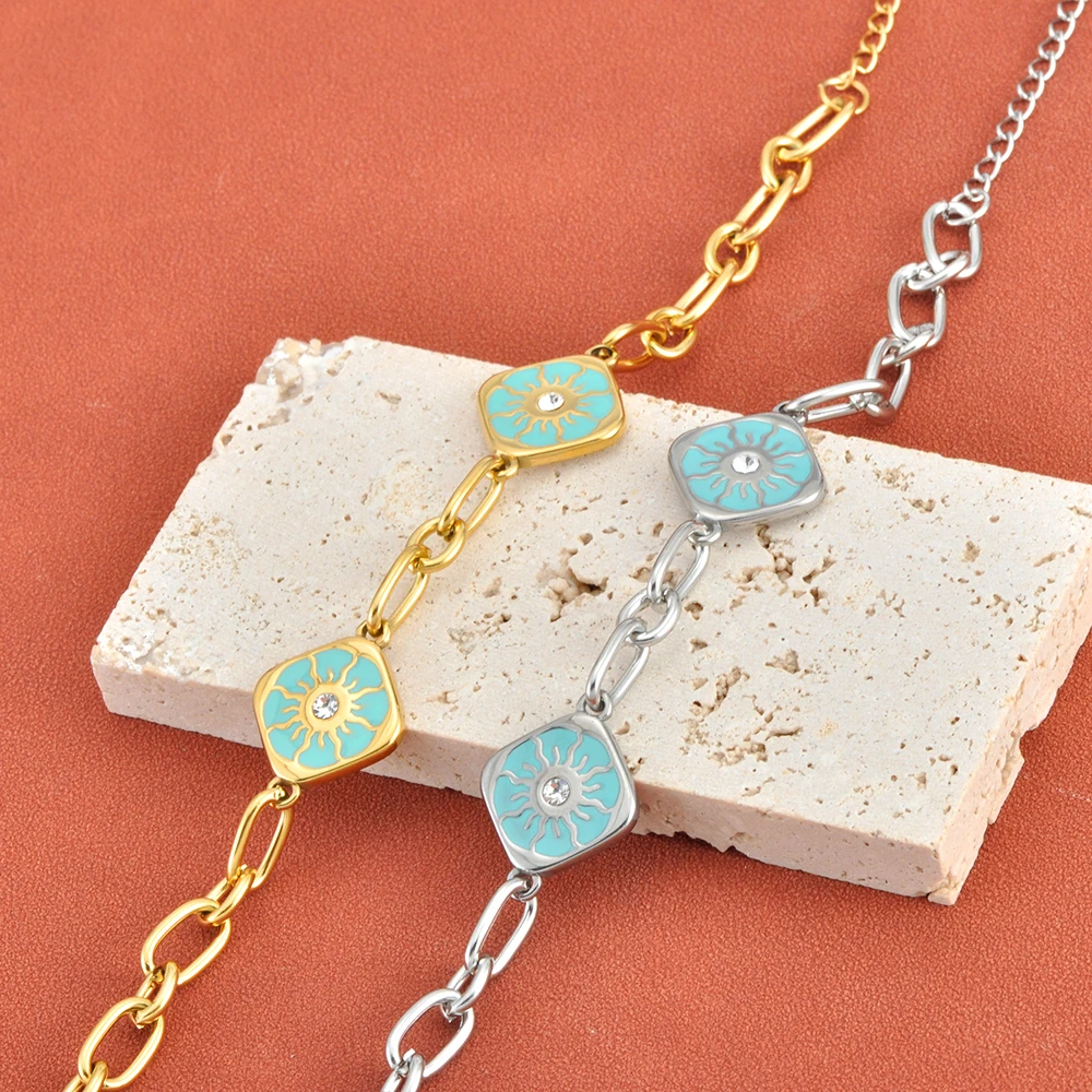 JeeMango Modische Emaille-Sonnen-Gliederketten-Armbänder für Damen, Edelstahl, vergoldet, Metalltextur, Schmuck, wasserdicht, B26005