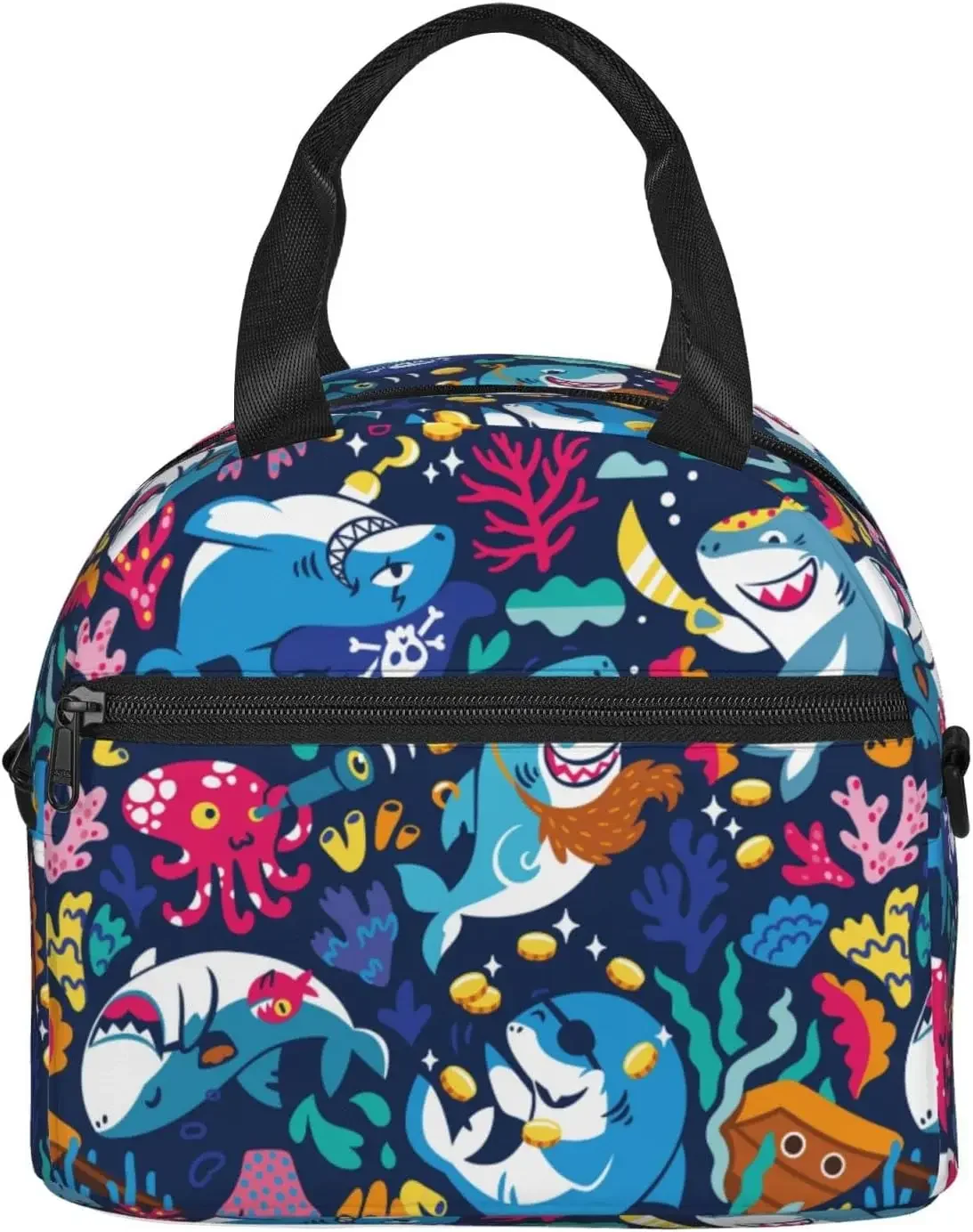 Happy Shark Reusable Insulated Lunch Bag for Women Men Novelty  Tote Box with Adjustable Shoulder Strap