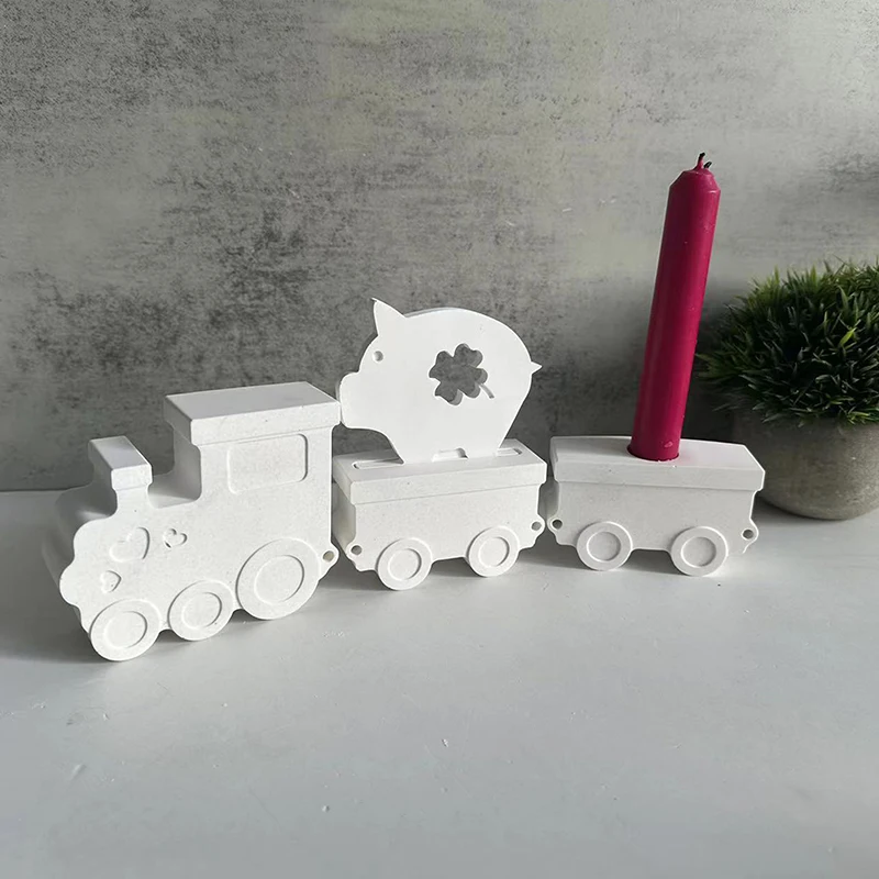 Train Ornament Candle Holder Silicone Mold Xmas Locomotive Candlestick Plaster Molds Train Box Plug-in Concrete Plaster Mould