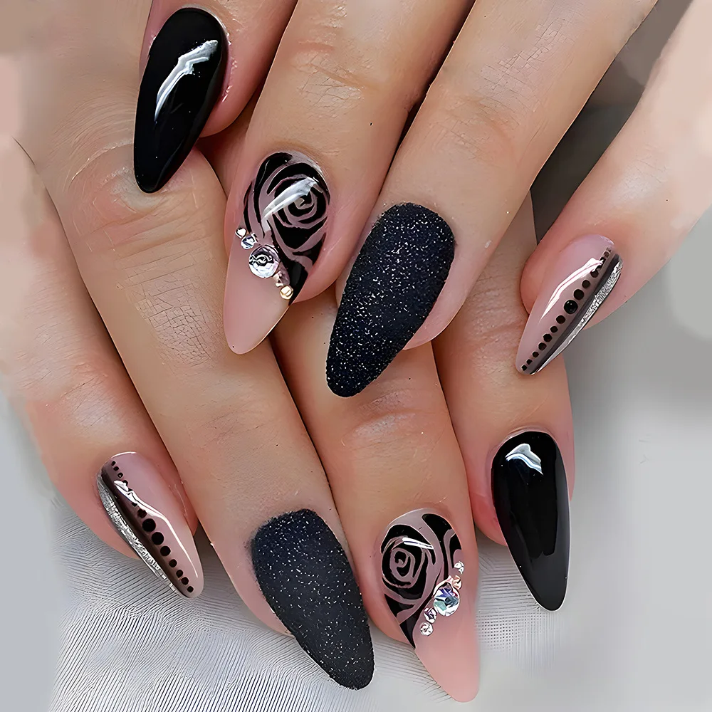 24pcs Black Almond Press on Nails Flower Diamond Acrylic Fake Nails Gradient Glitter Stick on Nails Full Cover Sweet Cool Nail