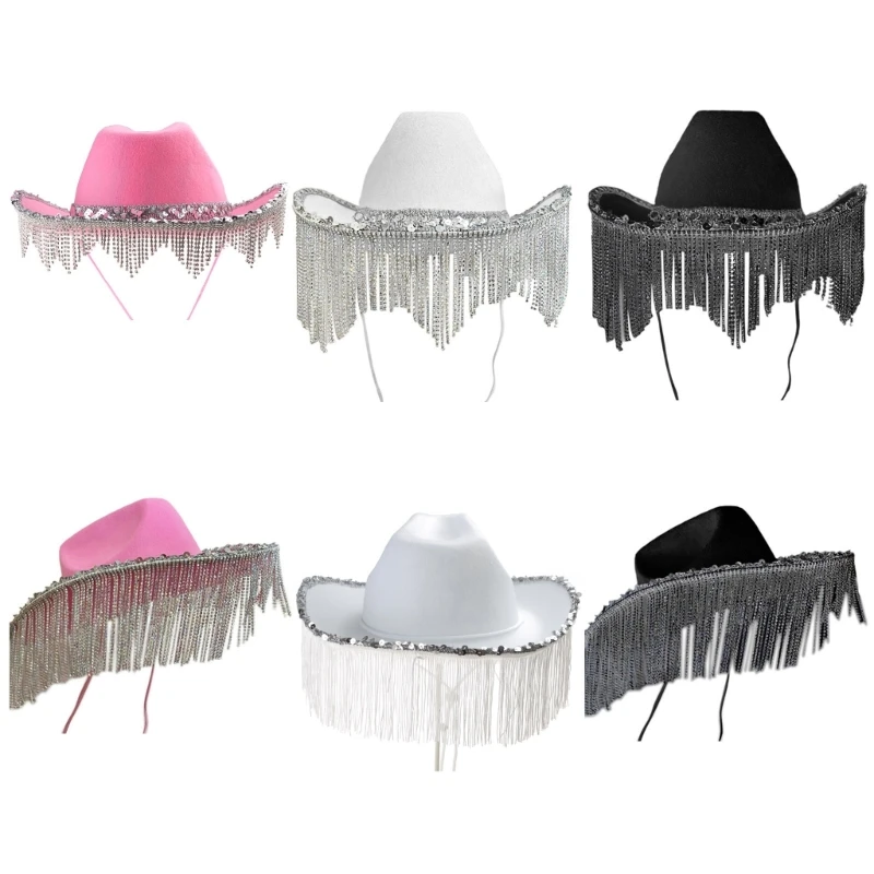 

Cowboy Hat with Sequins Rhinestones Fringe Glitter Cowgirl Hat 23" Hat Circumference Fit for Adults Women Three Color