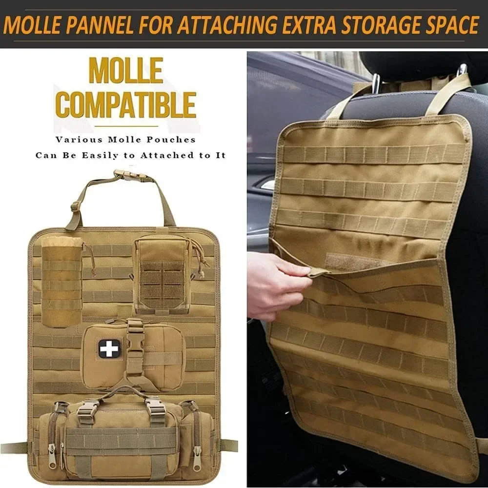 MOLLE Car Seat Back Organizer,Tactical Seat Back Panel with Pouches, Vehicle Storage Holder for Outdoor Camping & Emergency Gear