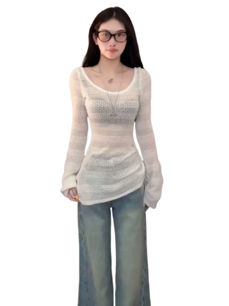 Weiße Spitze aushöhlen Sommer dünn gestrickt Sonnenschutz irt Damen Bell Sve Oberbekleidung Oulder Exposure Top