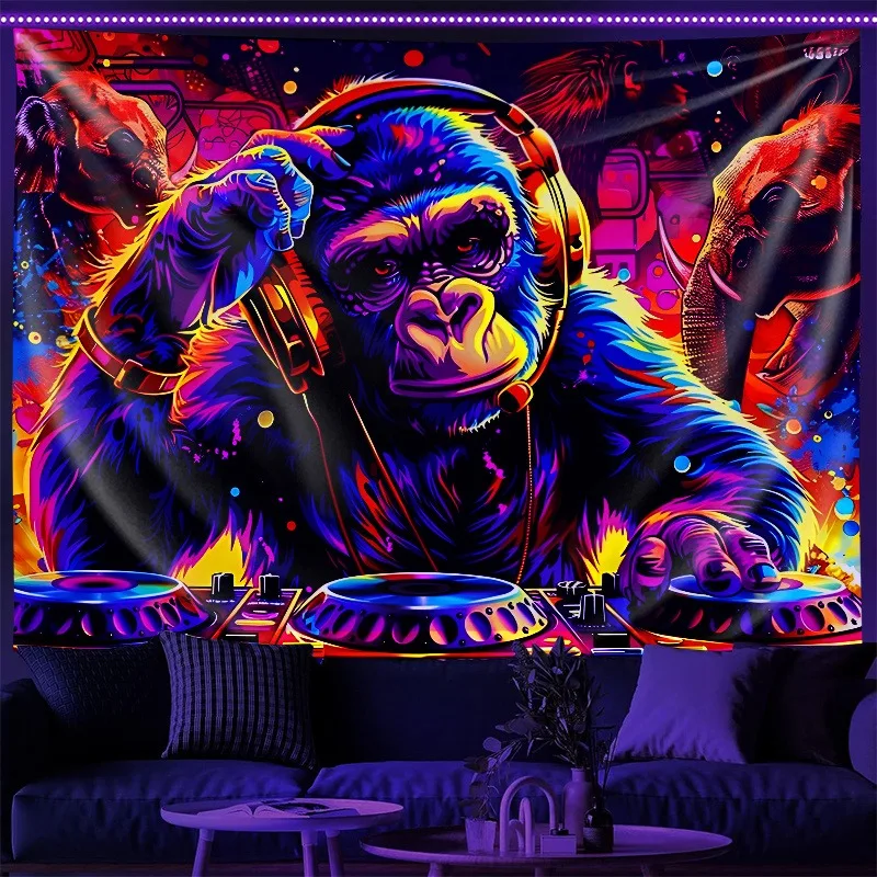 Dynamic DJ Gorilla Fluorescent Tapestry Spin Your SpaceUV tapestry wall hanging bedroom home party decoration