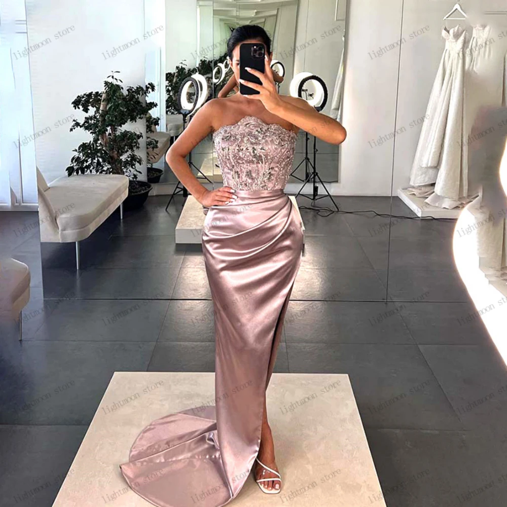 Fantastic Evening Dresses Satin Prom Dress Lace Appliques Strapless Backless Sexy Sheath Mermaid Elegant Vestidos De Noche 2024