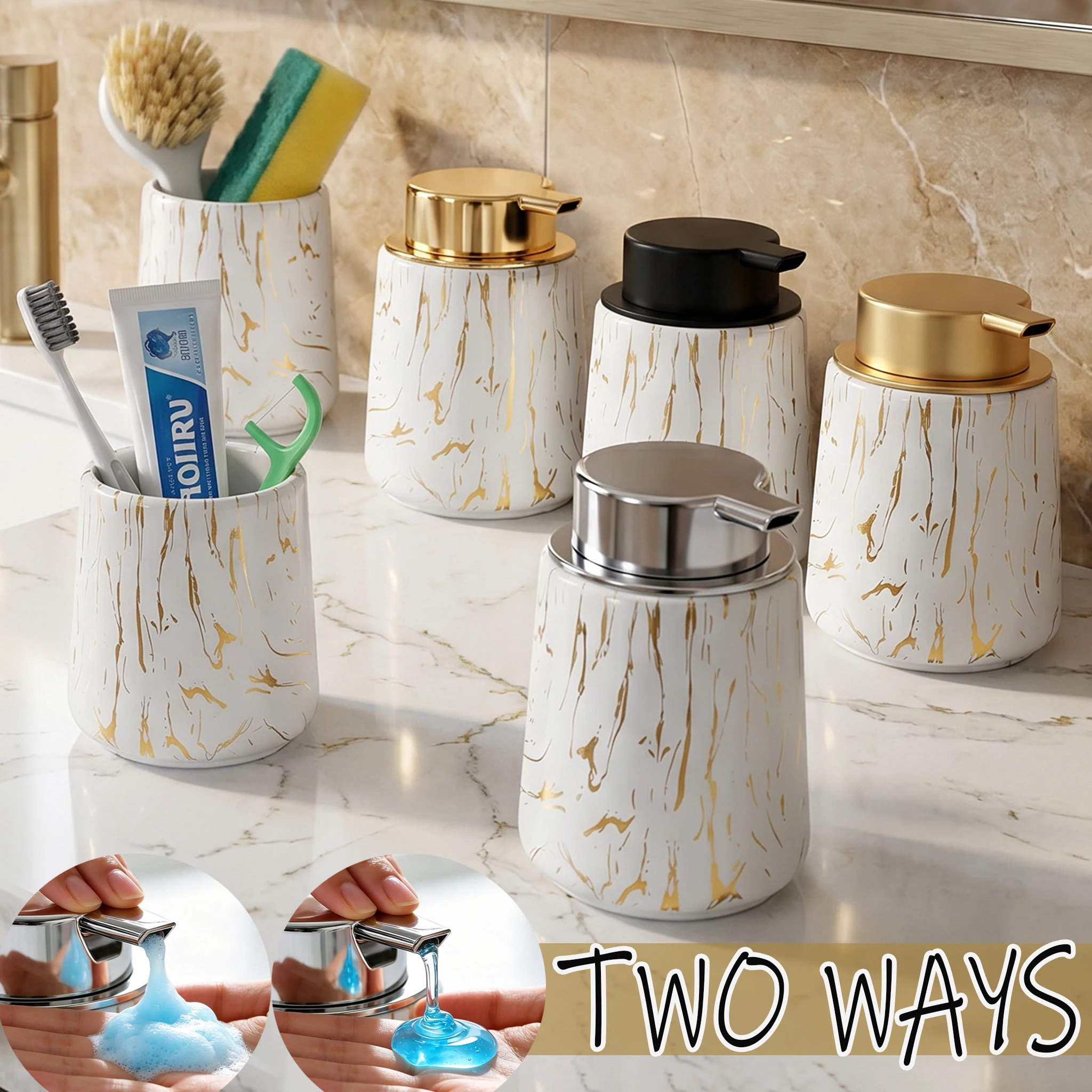 Foam Soap Dispenser set for Bathroom/Kitchen, Multi-Use Modern Vanity Hand Soap Dispenser and Cup for Toothbrush, Makeup Brush