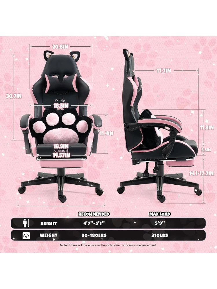 Cute Gaming Chair with Cat Paw Lumbar Cushion and Cat Ears, Ergonomic Computer Chair with Footrest, Reclining PC Game