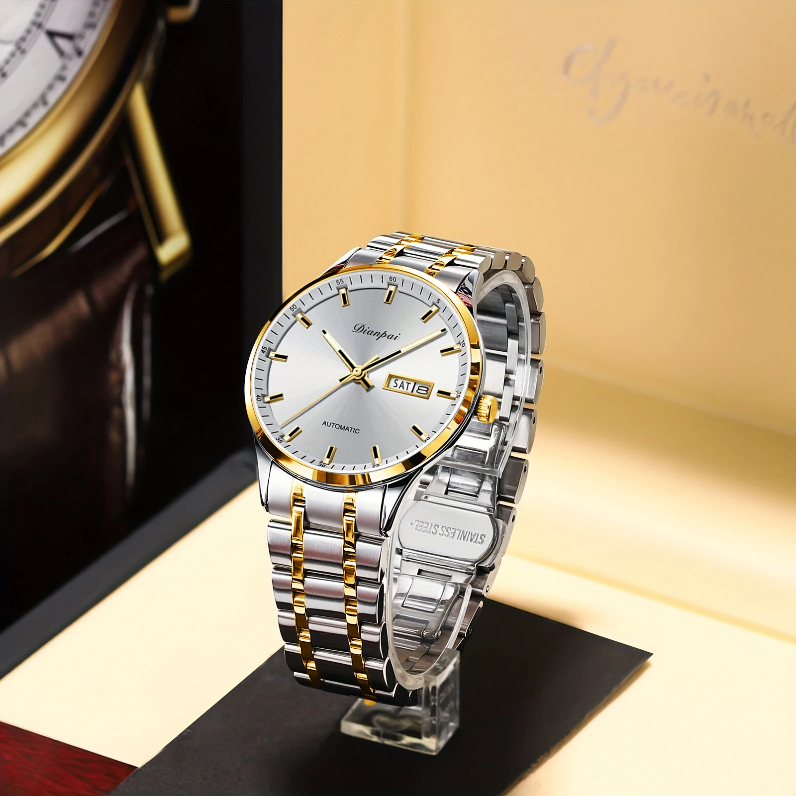 Dianpai classique affaires hommes entièrement automatique en acier inoxydable mouvement mécanique hommes veilleuse montre polyvalente