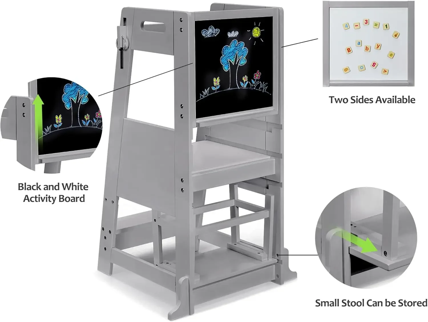 Bamboo Kids Step Stool Toddler Kitchen Learning Standing Tower Stool Helper 3 Adjustable Height for Bathroom & Kitchen Counter w