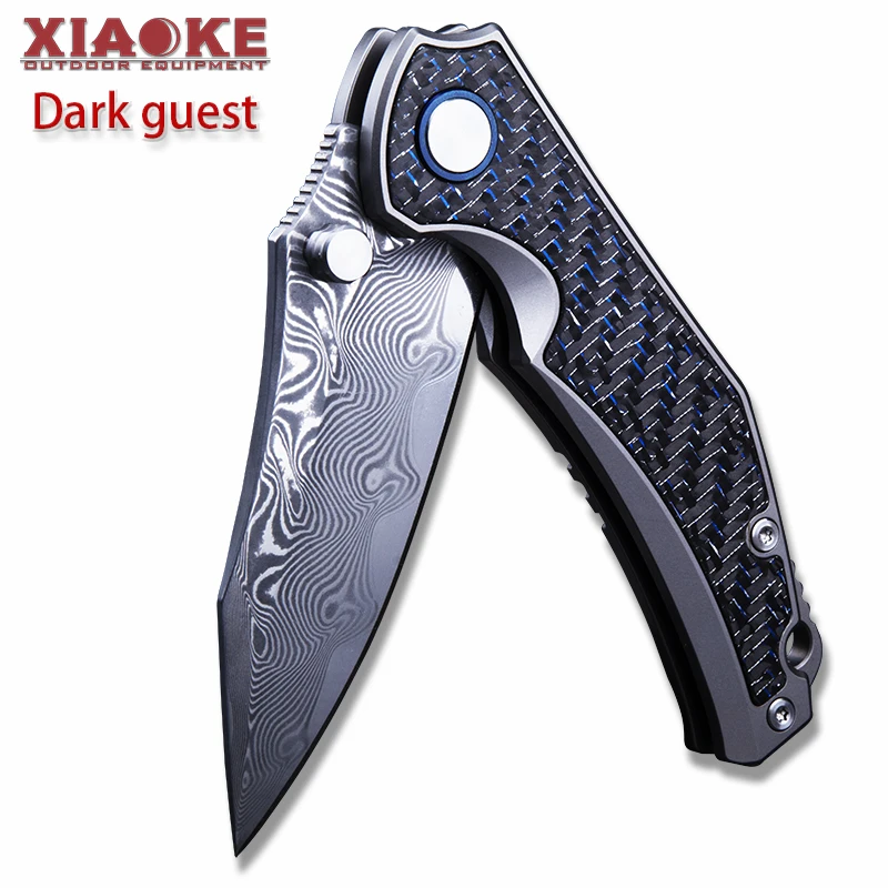 Premium Damascus Steel Pocket Knife with TC4 Titanium Carbon Fiber Inlay Folding Outdoor Camping Survival Knife Gift