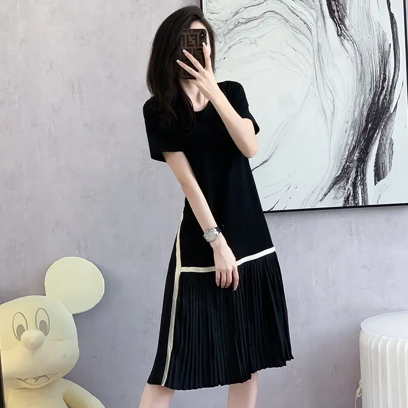 Temperament A-line Short Sleeve Dress Women\'s Summer New Fashion Black Patchwork Pleated Skirt