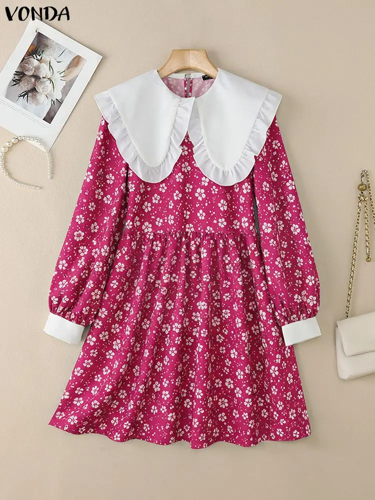 2025 VONDA mode femmes Mini robes bohème imprimé fleuri Robe courte automne à manches longues col claudine fête Robe de vacances