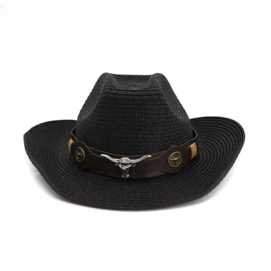 

Black Hat Cowboy Men Straw Panama Hat Belt Metal Cow Decorate Wide Brimmed Hats for Summer Male Brand New Arrival Navy White