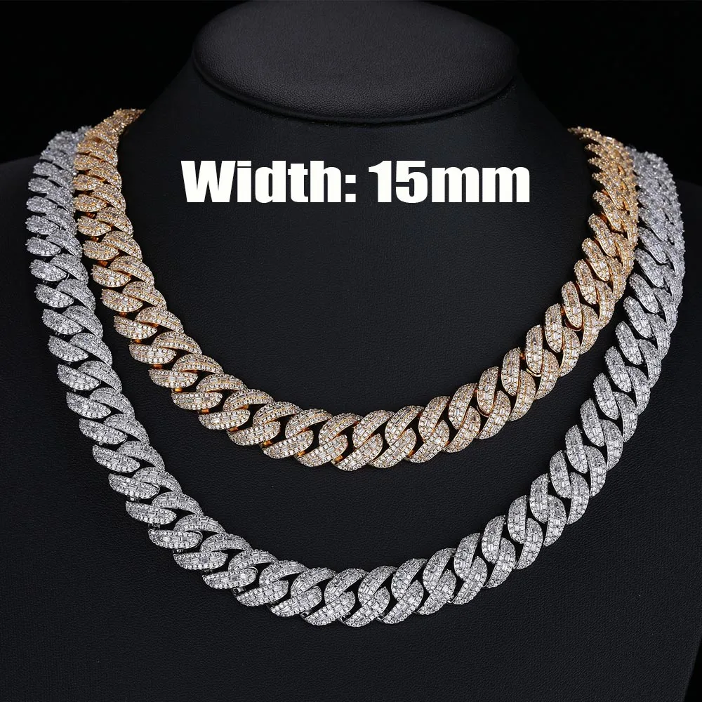 15mm Hip Hop Iced Out Necklace Miami Cuban Link Chain T-square Zirconia Cuban Party Birthday Fine Jewelry Gifts for Men Boy Girl
