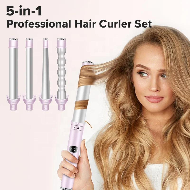 5 in 1 Professional Hair Curler Set Automatic Curler Home Big Waves Wand Hair Styling Tools Roller Curling Iron Pink Set