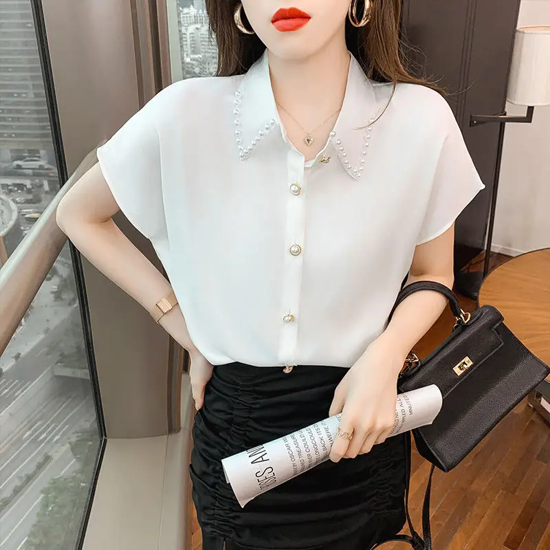 Damskie letnie koszulki polo z krótkim rękawem w jednolitym kolorze, eleganckie bluzki z diamentami, modne i proste, idealne do biura.