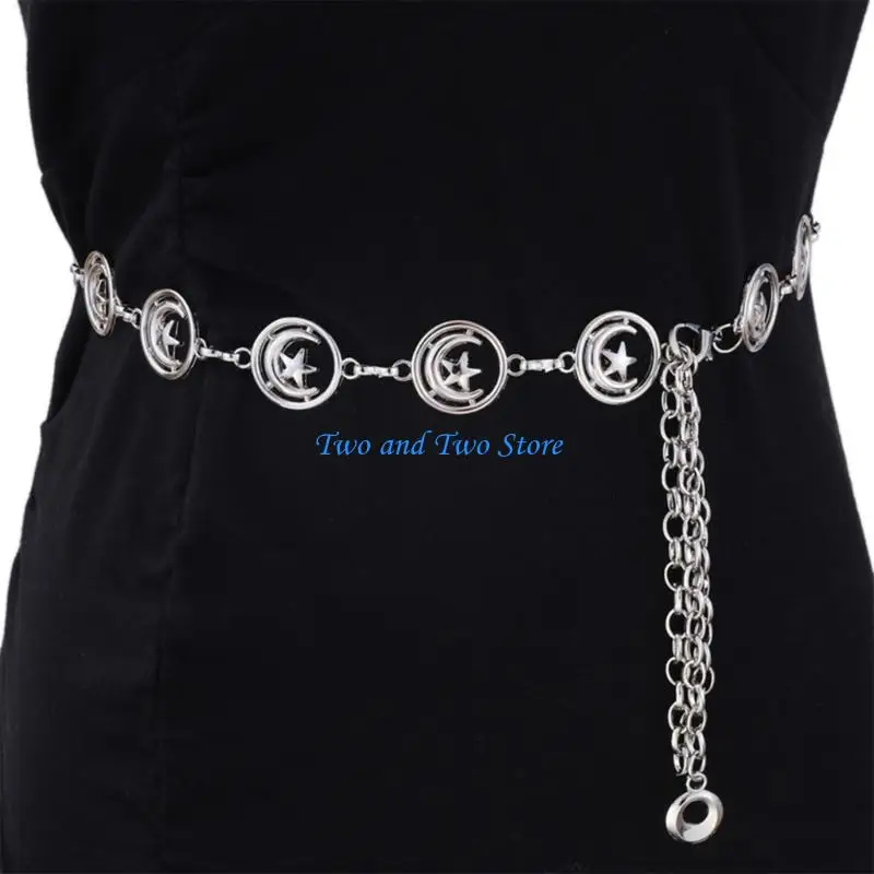 

HX6F Metallic Moon Star Waist Chain Lustrous 2000s Belly Chain Belt for Female Fashion Waist Decors Women Body Chain Jewelry