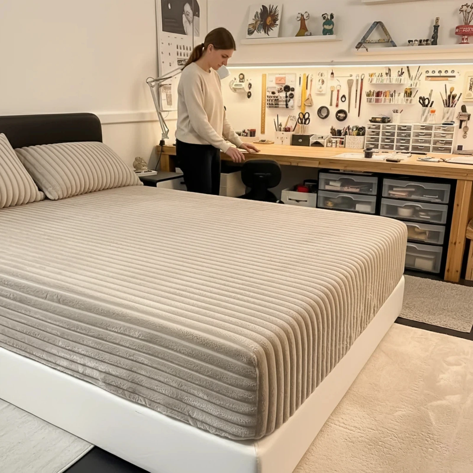 Bed Sheets  Stripe Fuzzy Sheets  Thickened Rabbit Fur Sheets  Autumn Mattress Protector  Winter Fleece Fitted Sheets  Plush Warm Bed Cover  Soft Winter Bedding for Bedroom Domitory Home Decor  Machine Washable (Twin  Queen  King)  No Pillowcase