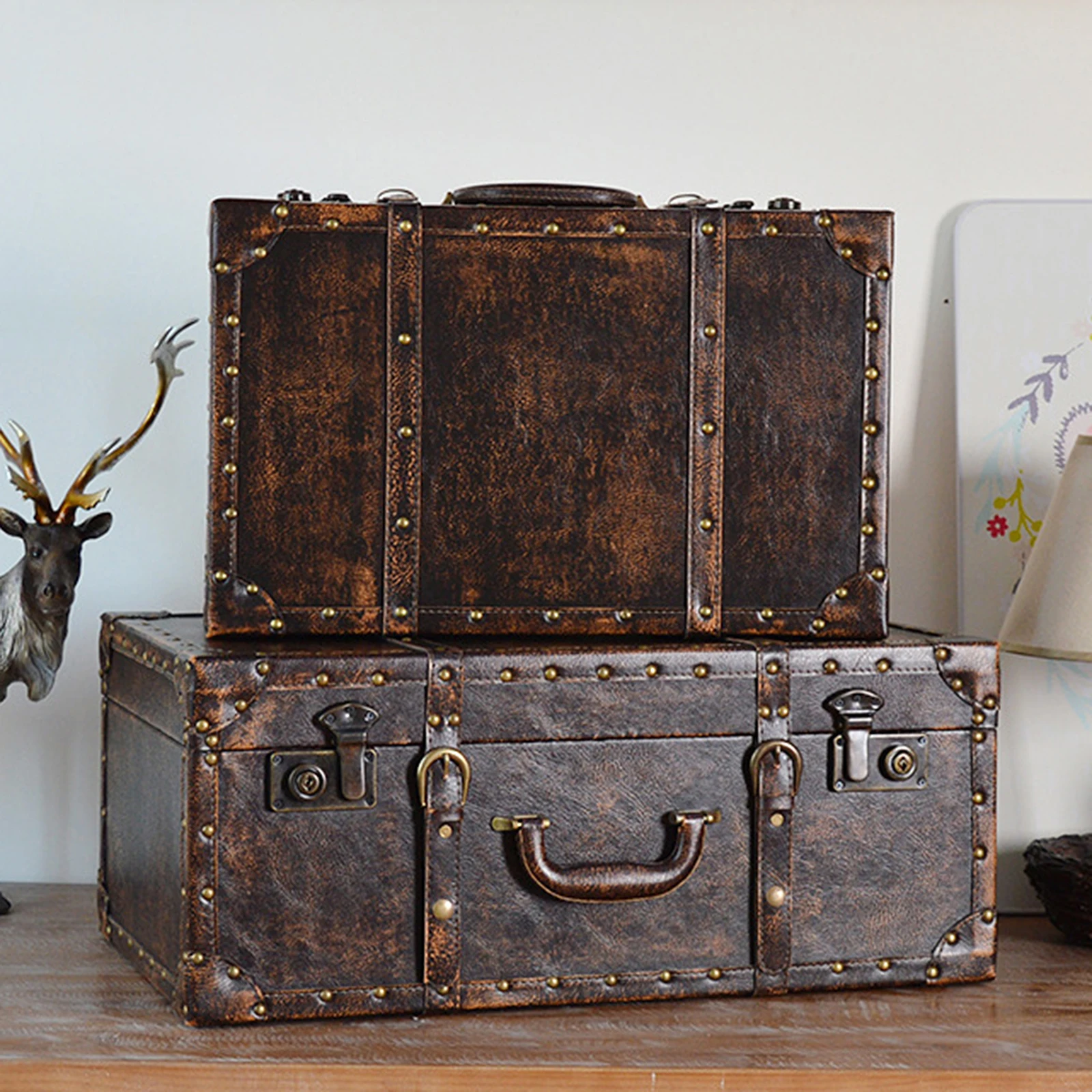 Vintage Wood Leatner Suitcase Antique Style Travel Storage Box with Lock with Strap Jewelry Box Organizer