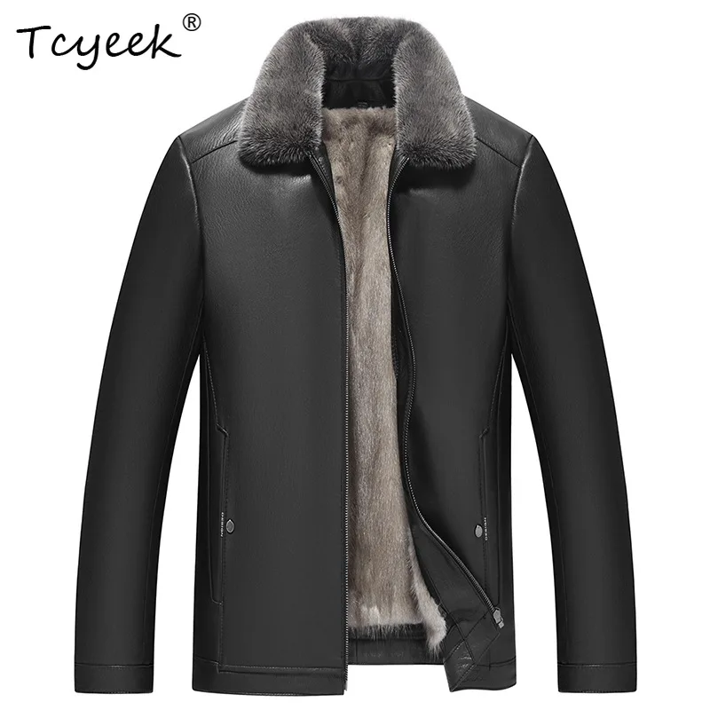 Tcyeek Natural Sliver Blue Mink Coat Men Fashion Goatskin Real Leather Jacket Man Detachable Collar Winter Clothes المنك رجالي